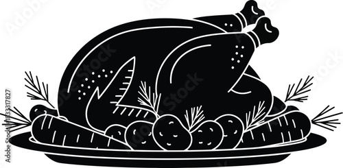 A monochrome illustration of a roasted turkey with vegetables on a platter