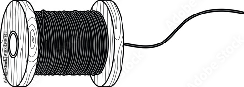 A simple black and white illustration of a spool of black thread