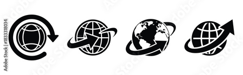 Set of vector globe arrow  icon in silhouettes. Vector illustration icon set