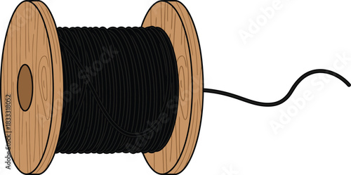 A wooden spool holding a length of coiled black string or cord