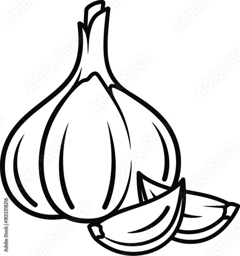 A simple black and white line drawing of a whole garlic bulb and clove