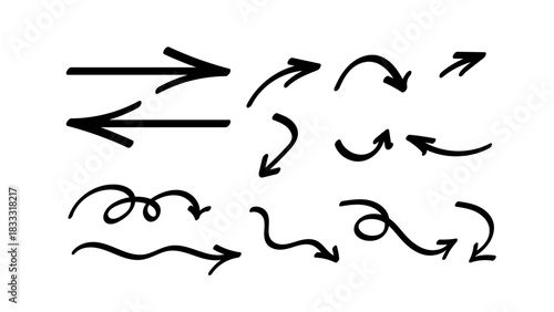 Set of Hand Drawn Black Arrows. Doodle Sketch Collection including Curved, Straight, and Spiral Pointers for Annotation and Minimalist Graphic Design.