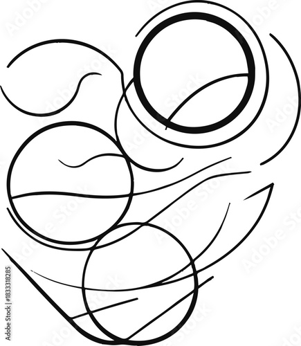 Black geometric line art shapes, circles, waves, triangles, modern abstract minimalism, smooth thin lines, white background, vector style.