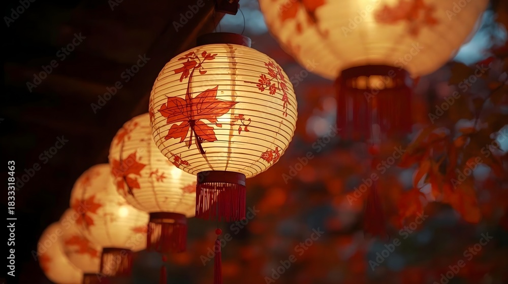 Obraz premium Maple-Patterned Paper Lantern with Warm Glow and Autumn Bokeh for Chinese New Year 2026