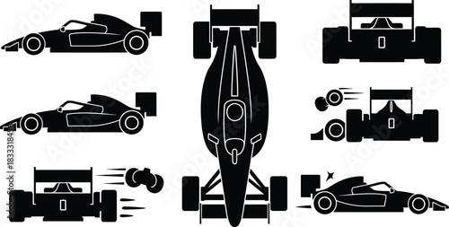 Formula one race car silhouettes in various views and dynamic poses