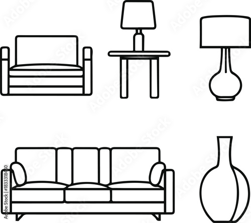 Clean black line art home decor icons, furniture outline set, sofa, lamp, table, vase, modern interior design theme, white background, vector icon style 2