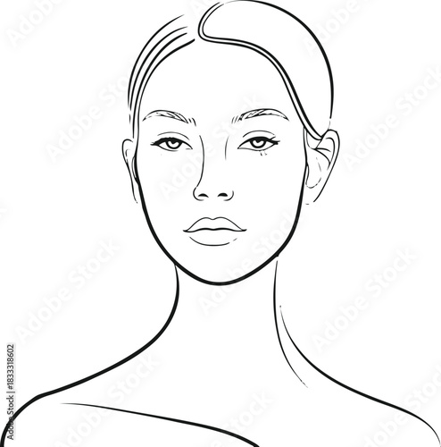  Elegant female face drawn in single continuous black line, abstract minimal portrait, smooth contours, white background, clean vector illustration.