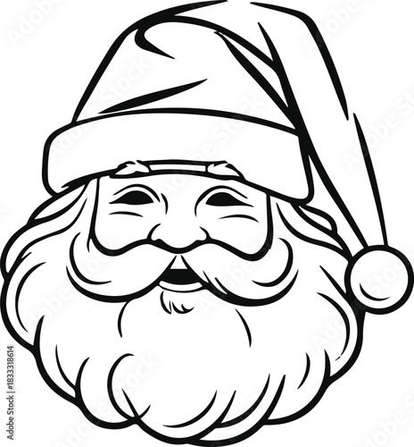 Elegant minimalist Santa Claus hat in single-weight black stroke, modern line art, white background, perfect for stickers