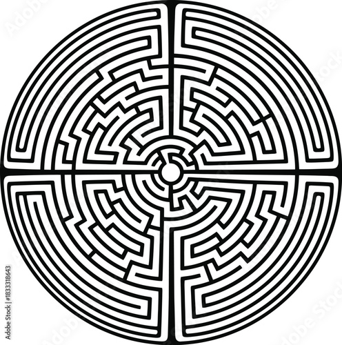 A circular black and white labyrinth design with intricate pathways