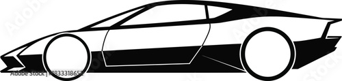 A minimalist black and white illustration of a sleek modern sports car profile