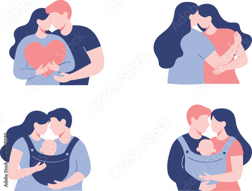 Romantic couple, family love, parents with baby, affectionate embrace, cartoon illustration, parenting concept, unity, bonding, caregiving, happy relationship