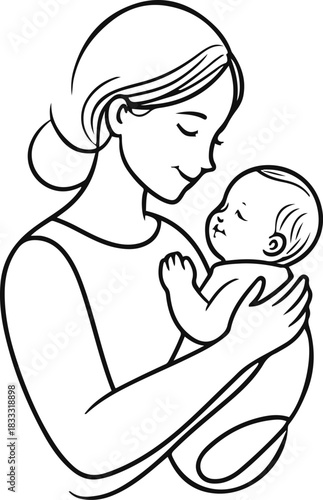 Mother holding baby in soft continuous black line drawing, warm emotional minimal style, smooth curves, clean vector outline, white background 1.