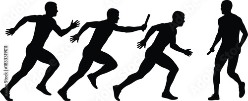Silhouettes of runners in motion during a race on a white background