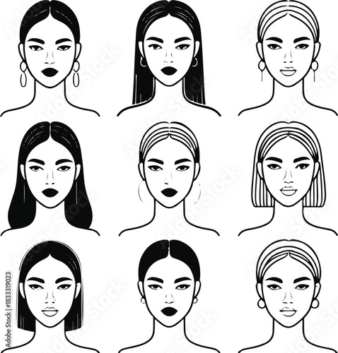 unique minimal female portrait illustrations drawn in single continuous black line. Each design must be different with abstract but elegant facial features, clean outline style 1