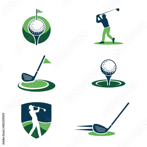 Collection of golf themed logos featuring golfer silhouettes and golf equipment icons