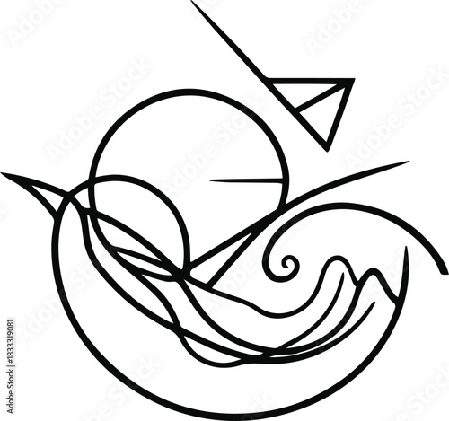 Black geometric line art shapes, circles, waves, triangles, modern abstract minimalism, smooth thin lines, white background, vector style 2