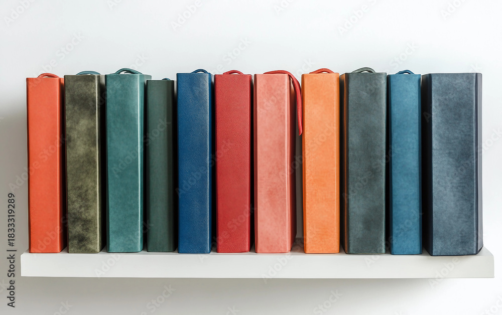 Naklejka premium A Set of Colorful Notebooks Neatly Arranged on a Shelf