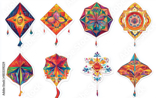 A Set of Colorful Kite Stickers with Traditional Designs