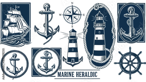 Collection of vintage marine heraldic icons like anchor, ship, and lighthouse