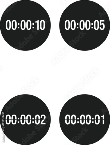 Four black circles with digital countdown timers showing different seconds remaining