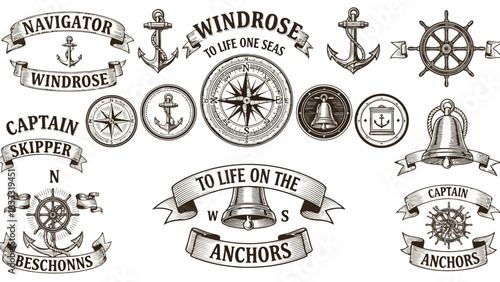 Collection of vintage marine heraldic icons like anchor, ship, and lighthouse