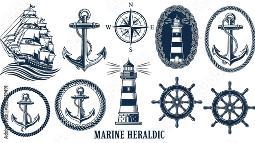 Collection of vintage marine heraldic icons like anchor, ship, and lighthouse