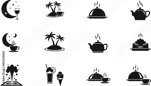 Collection of black silhouette icons featuring food drink and nature