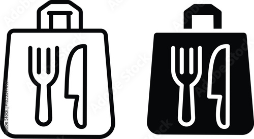 Food Delivery Or Takeout Bag With Cutlery Utensils Order To Go Vector Silhouette and Pictogram..eps