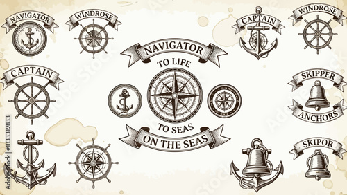Collection of vintage marine heraldic icons like anchor, ship, and lighthouse
