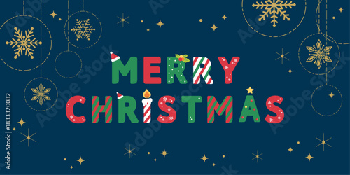 Vector illustration of golden snowflakes and Merry Christmas calligraphy text