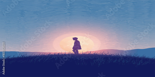 Silhouette on a Grassy Hill Beneath a Sky of Purple and Gold, Reflecting Quiet Strength, Inner Peace, and the Beauty of a Fading Day