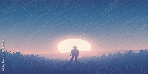 A Lone Figure Stands Beneath a Radiant Horizon, Surrounded by Tall Grass and Falling Light, Embracing the Silence, Wonder, and Vastness of Nature’s Eternal Pulse