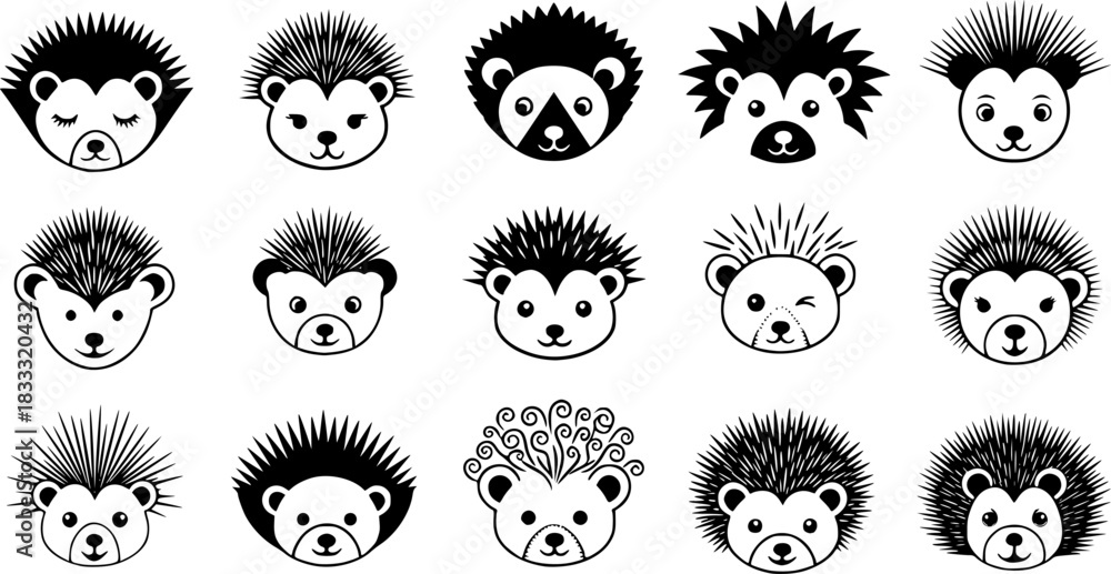Fototapeta premium Cute hedgehog faces in various artistic styles: playful and creative designs
