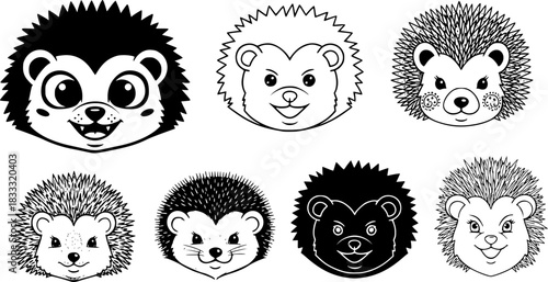 Cute hedgehog faces in various artistic styles: playful and creative designs