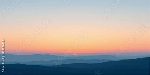 Tranquil Sunrise over Layered Blue Mountain Ridges with Soft Peach Orange Sky Gradient and Golden Sun Minimal Landscape