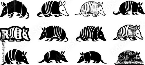 Armadillo design variations in multiple art styles for creative projects
