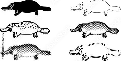 Variety of platypus styles: silhouette, linear, pixel, textured, and outline designs