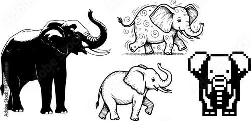 Variety of elephant designs in silhouette, doodle, and pixel styles
