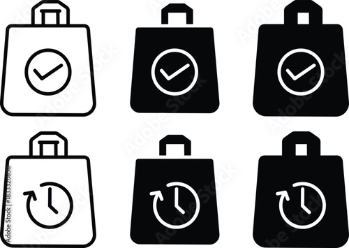 Order Complete Purchase Pending Time Shopping Bag Checkout Status Vector Silhouette and Pictogram..eps