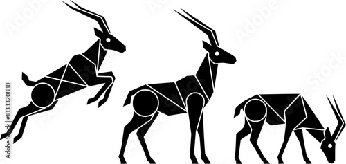 Geometric antelope silhouettes in minimalist black and white design
