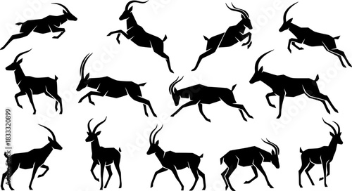 Geometric antelope silhouettes in minimalist black and white design
