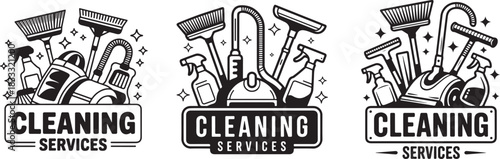 Cleaning services vintage emblems with cleaning equipment and spray bottle on gray backdrop