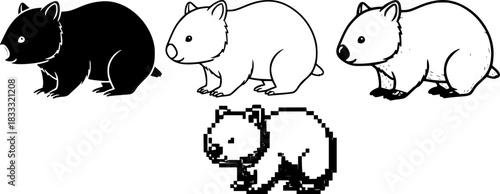 Diverse cartoon wombat styles: silhouette, outline, pixel art, and textured designs

