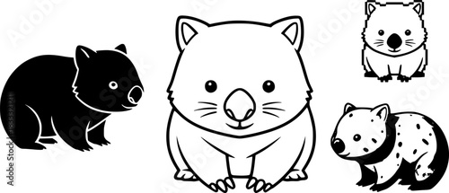 Diverse cartoon wombat styles: silhouette, outline, pixel art, and textured designs
