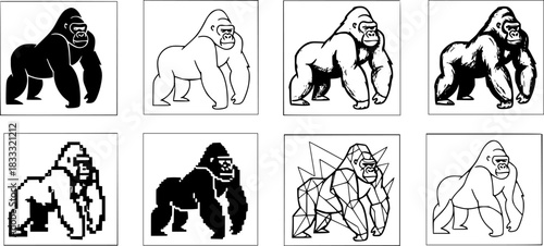 Gorilla in six unique styles: silhouette, line art, sketch, pixel, and more