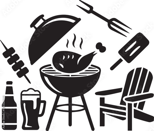 Enjoy barbecue bbq grill picnic with chair beer skewer spatula and fork summertime silhouette illustration