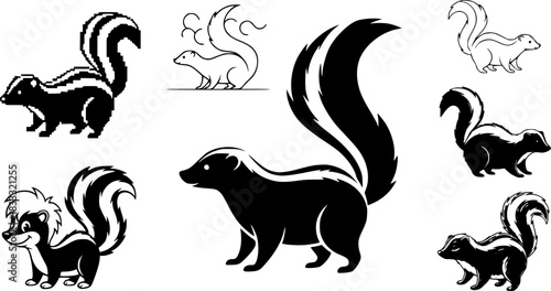 Diverse skunk designs: silhouette, pixel art, and more