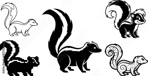 Diverse skunk designs: silhouette, pixel art, and more