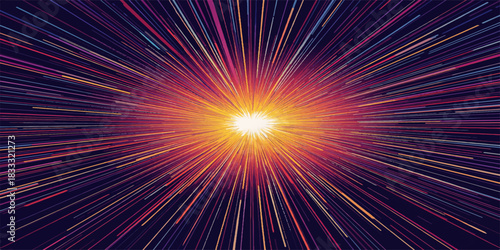 Genesis Radiance: A cosmic burst of multicolored energy erupts from a brilliant core, echoing the primal expansion of space in a dazzling ballet of light and motion.