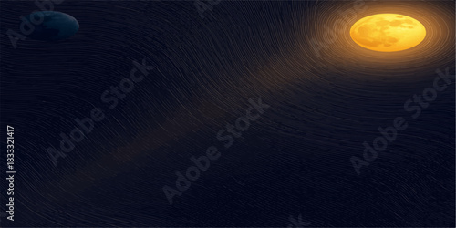 Radiant sun and shadowed planet entwined by a beam of cosmic light in a swirling ballet of space and celestial tension